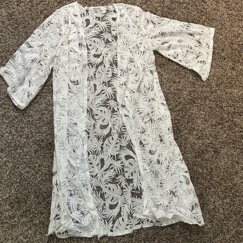 Siren Lily white  lace kimono floral open cardigan 3/4 sleeve M